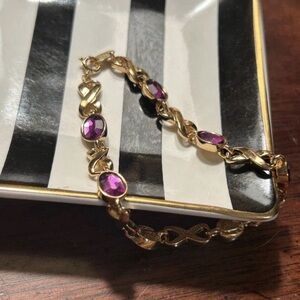 AVON Gold Tone & Amethyst Infinity Bracelet - VTG - Spring Ring Fashion Costume